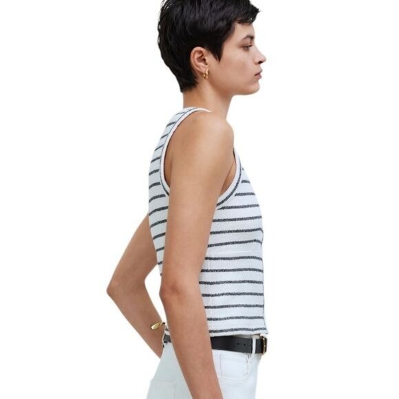 Madewell Cotton Blend Split Crewneck Cardigan Tank Cream Navy Size XS - Picture 3 of 12